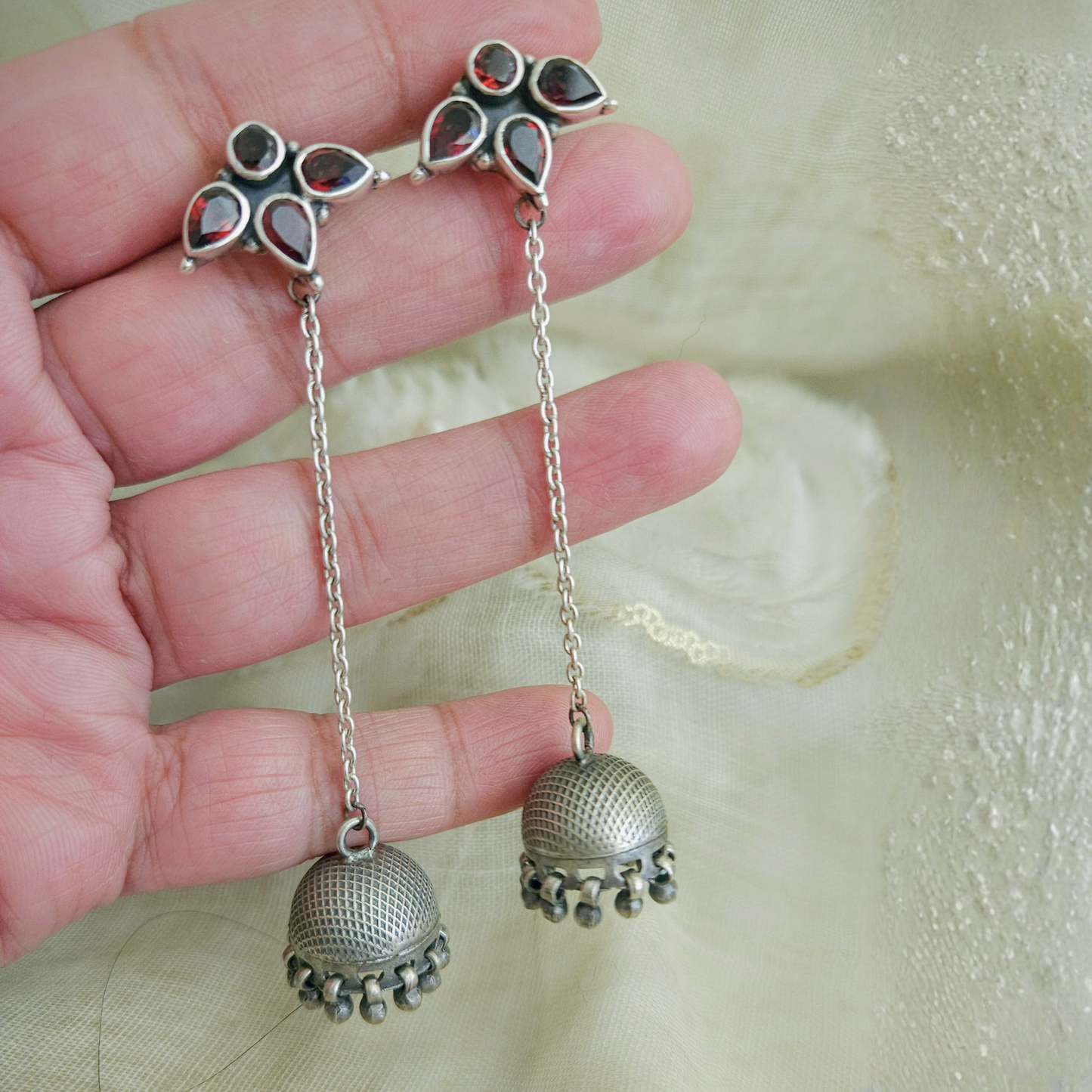 Garnet Silver Jhumka Chain Earrings, 8cm | Oxidized 925 Sterling Silver | Handmade Jaipur