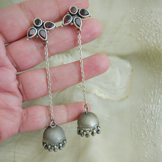 Garnet Silver Jhumka Chain Earrings, 8cm | Oxidized 925 Sterling Silver | Handmade Jaipur