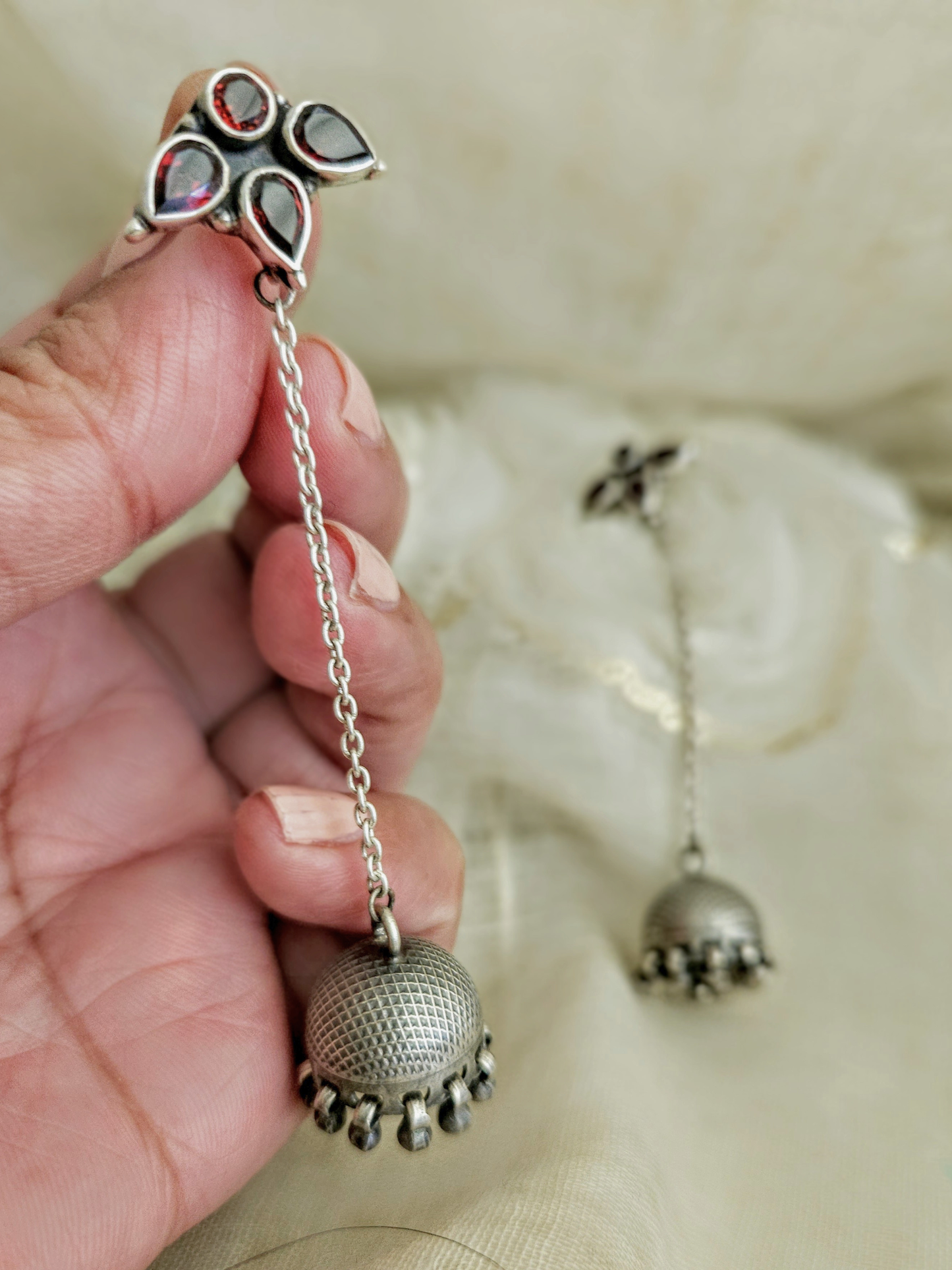 Garnet Silver Jhumka Chain Earrings, 8cm | Oxidized 925 Sterling Silver | Handmade Jaipur