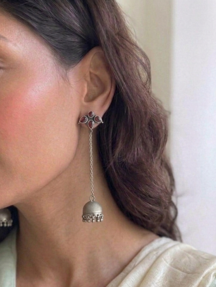 Garnet Silver Jhumka Chain Earrings, 8cm | Oxidized 925 Sterling Silver | Handmade Jaipur