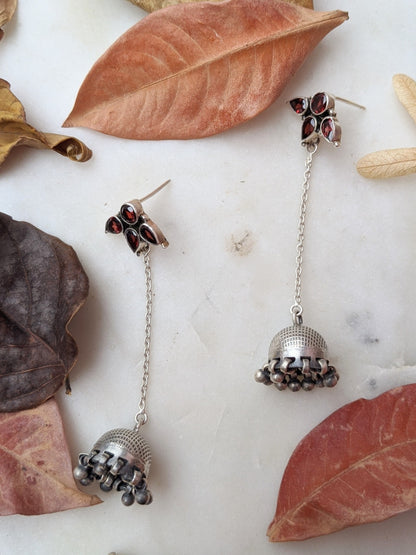 Garnet Silver Jhumka Chain Earrings, 8cm | Oxidized 925 Sterling Silver | Handmade Jaipur