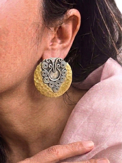 Two-Tone Gold & Silver Filigree Stud Earrings | 925 Sterling Silver | Handmade Jaipur