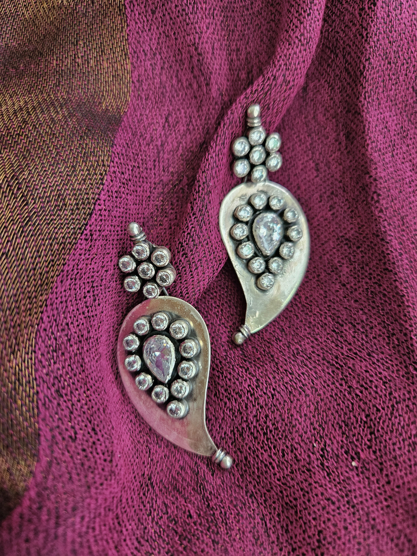 Mango Shaped Zirconia Earrings – Oxidized 925 Silver