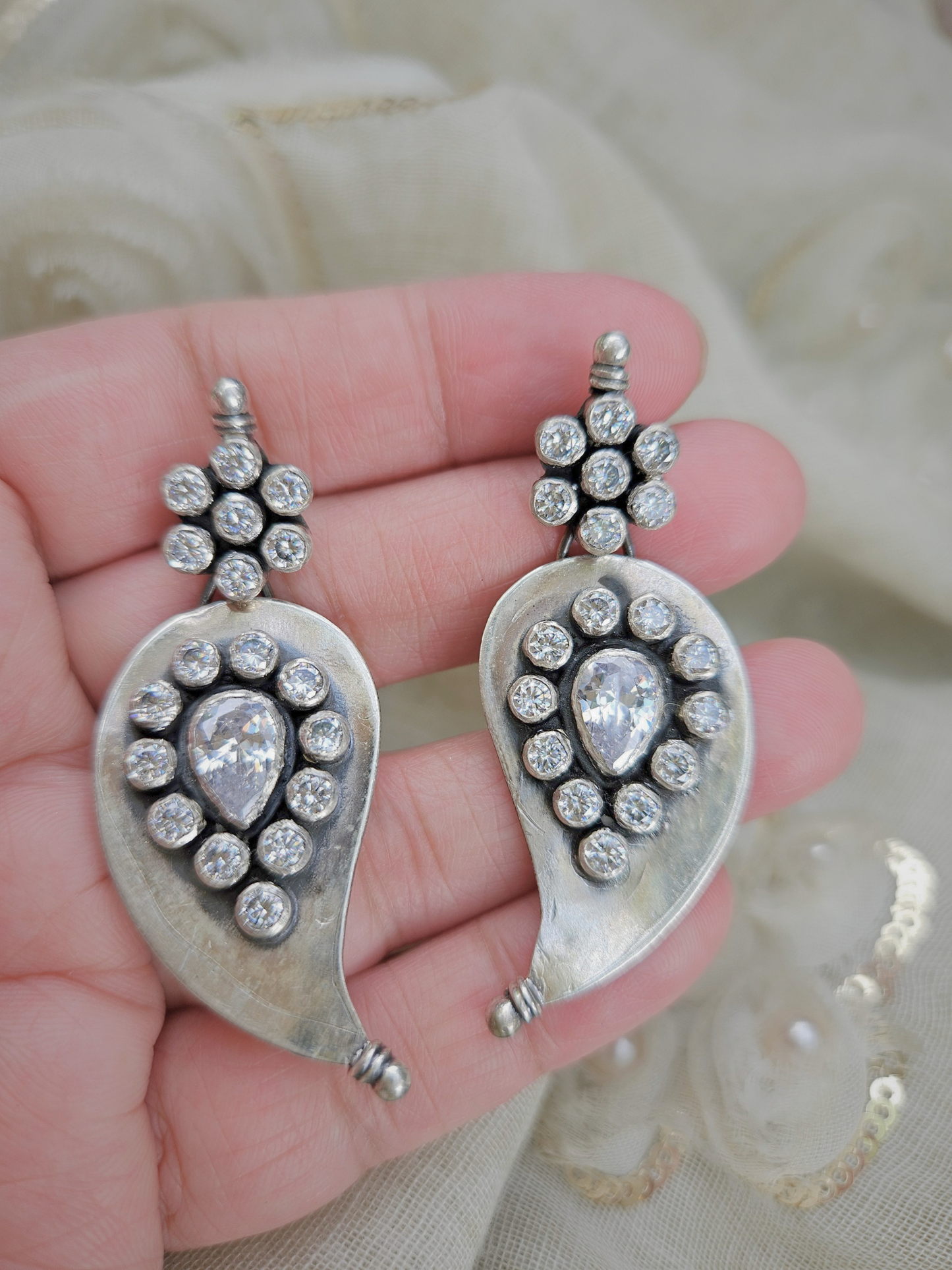 Mango Shaped Zirconia Earrings – Oxidized 925 Silver