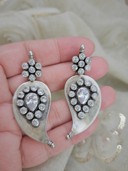 Mango Shaped Zirconia Earrings – Oxidized 925 Silver