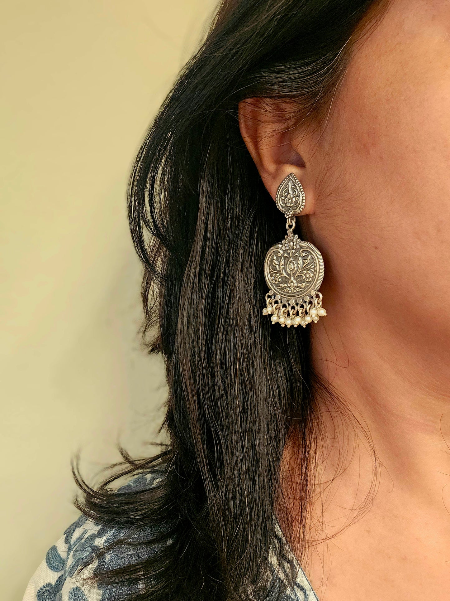 925 Sterling Silver Oxidized pearl fringe earring