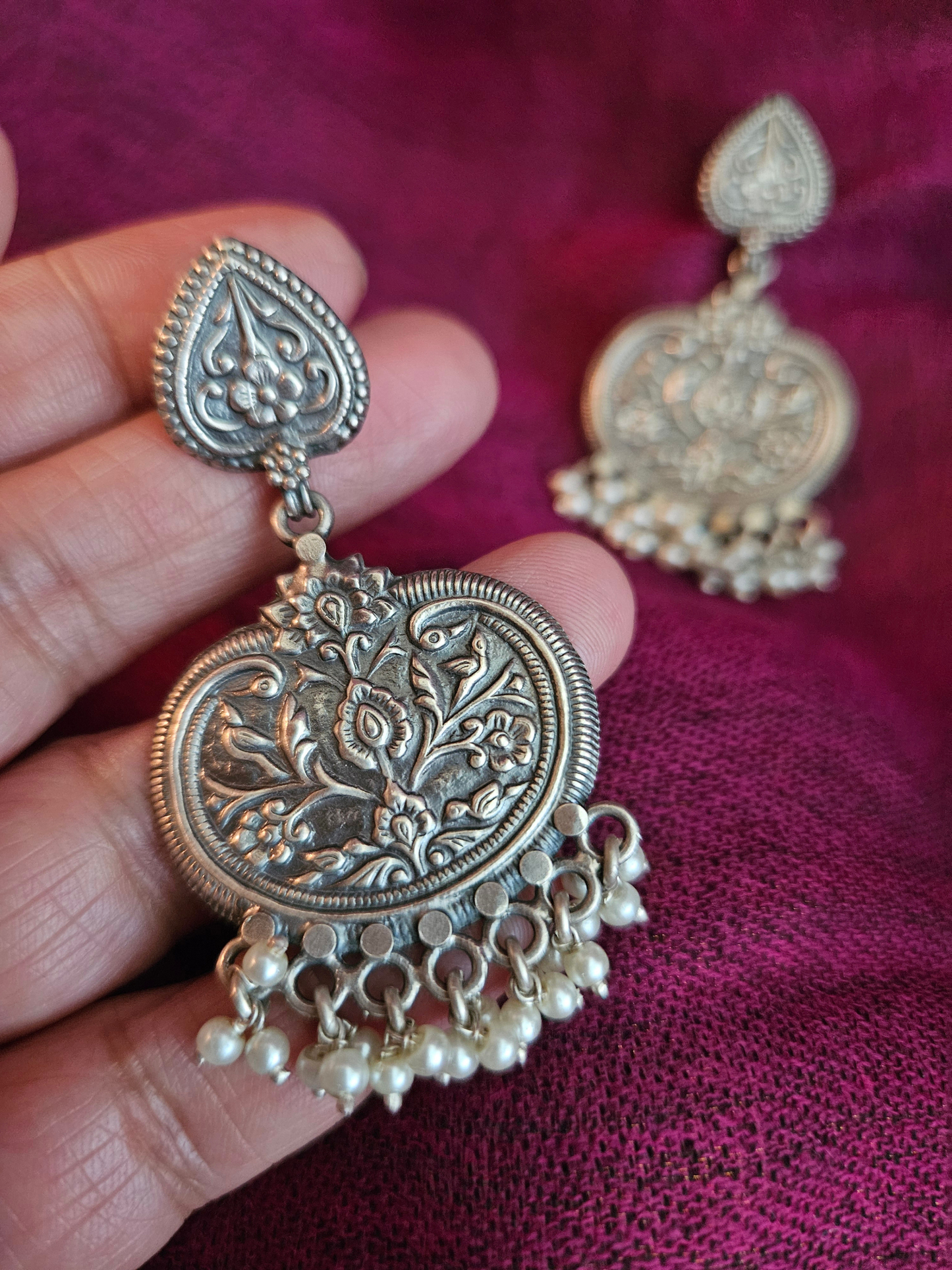 925 Sterling Silver Oxidized pearl fringe earring