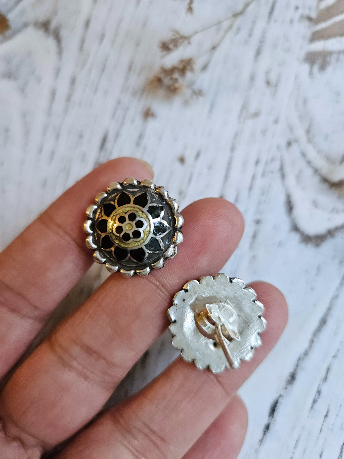 Shyama Lotus Black Meenakari 925 Sterling Silver Stud Earrings | Handcrafted Udaipur Enamel