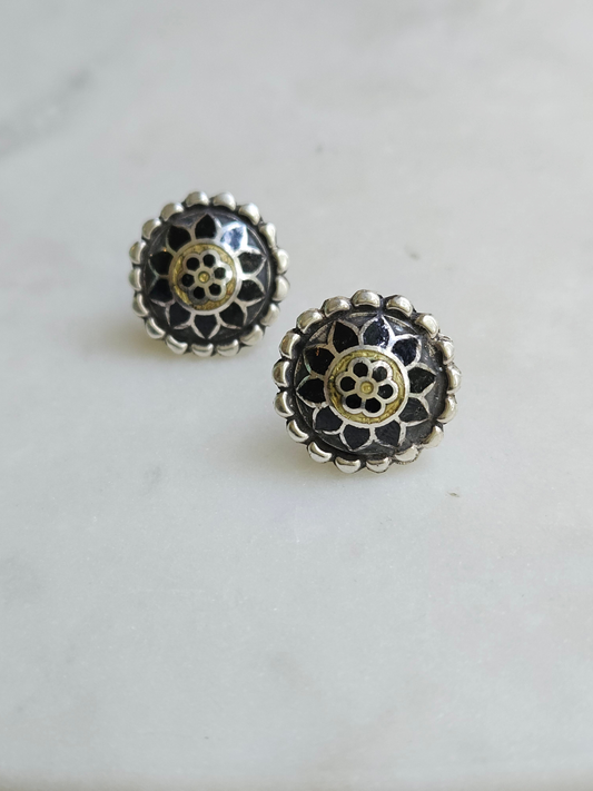Shyama Lotus Black Meenakari 925 Sterling Silver Stud Earrings | Handcrafted Udaipur Enamel