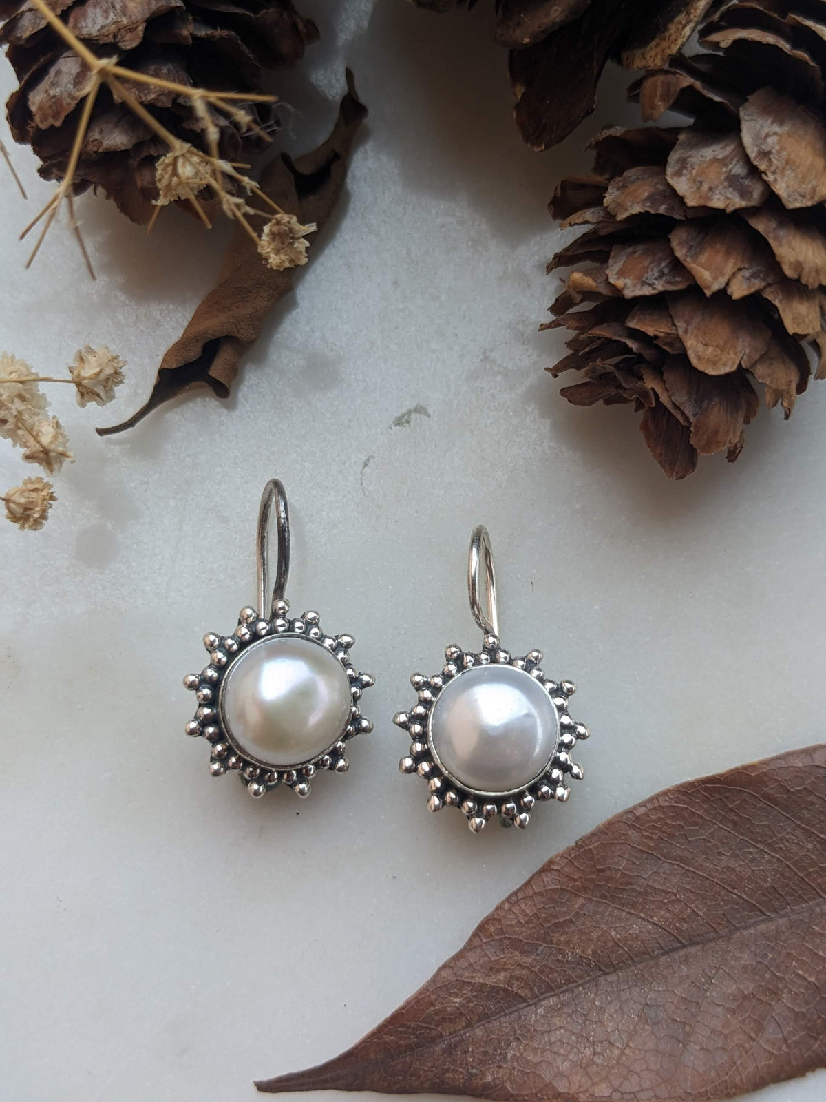 Suraj Moti Freshwater Pearl Earrings | 925 Hallmarked Sterling Silver Sunburst French Hook Drops