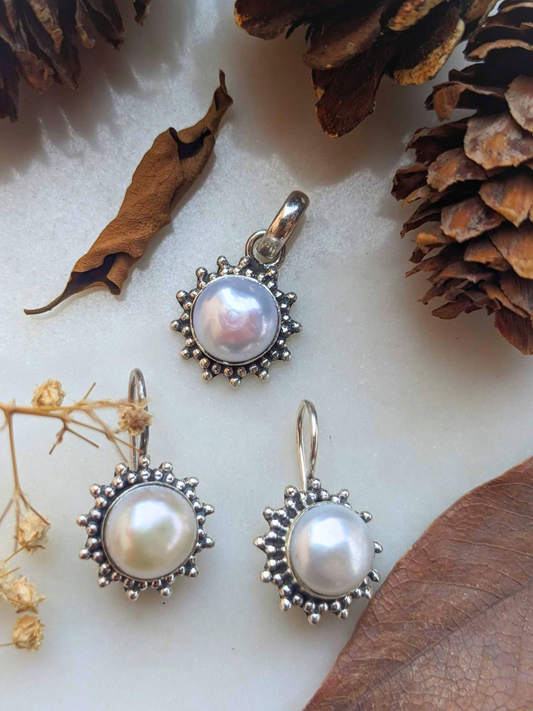 Suraj Moti Freshwater Pearl Earrings | 925 Hallmarked Sterling Silver Sunburst French Hook Drops