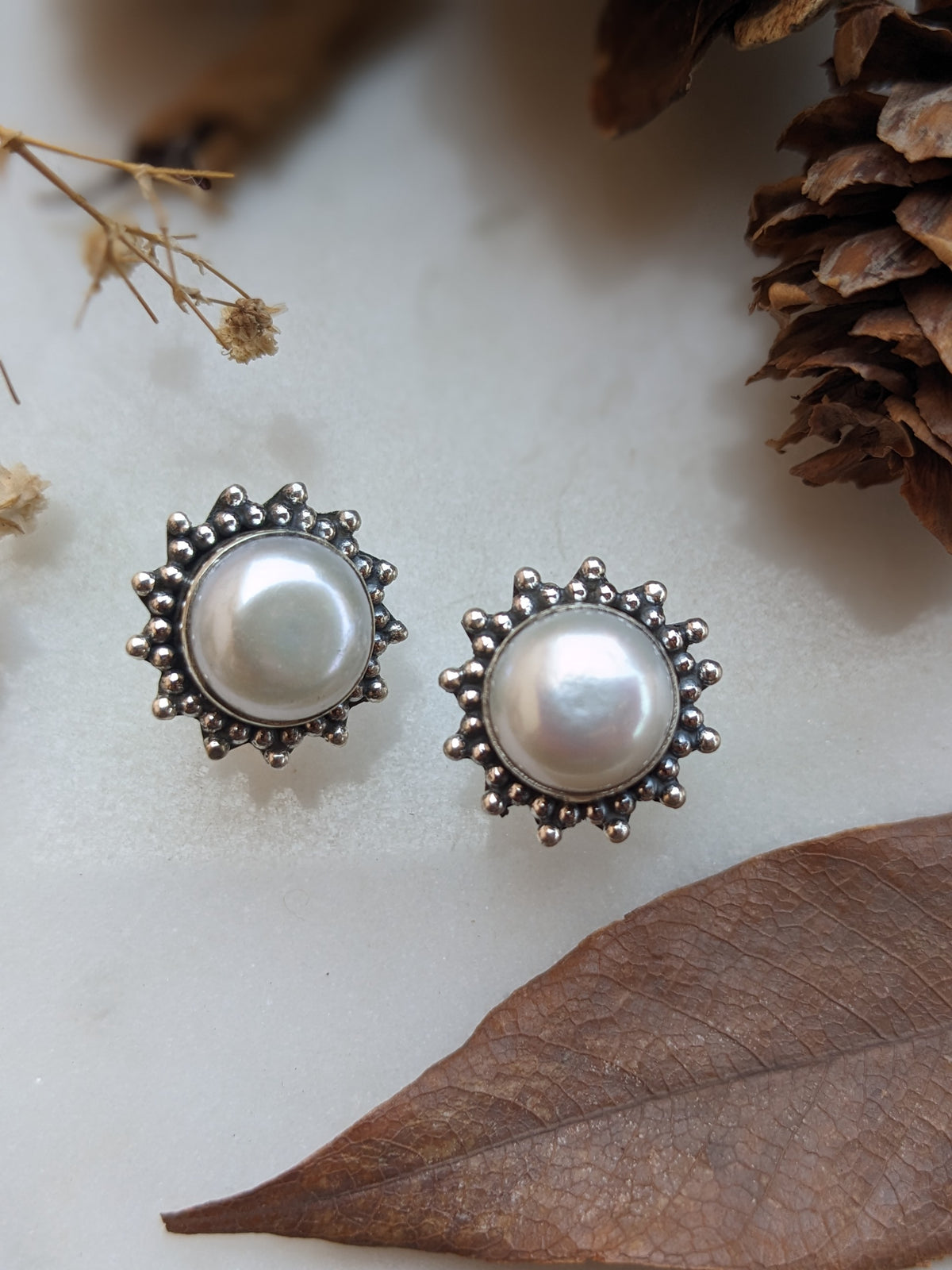 Suraj Moti Freshwater Pearl Stud Earrings | 925 Hallmarked Sterling Silver Sunburst Studs