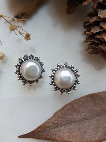 Suraj Moti Freshwater Pearl Stud Earrings | 925 Hallmarked Sterling Silver Sunburst Studs