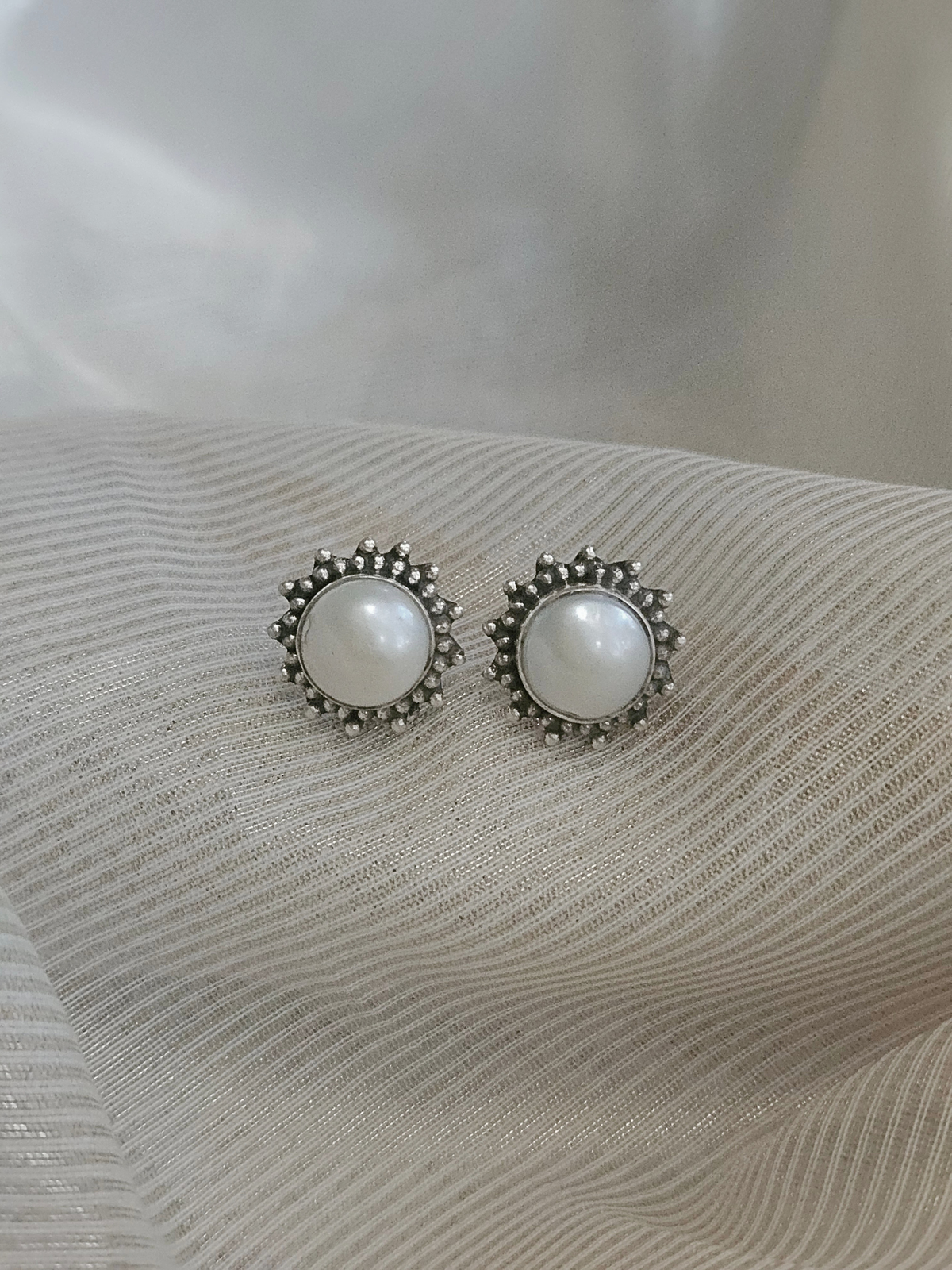 Suraj Moti Freshwater Pearl Stud Earrings | 925 Hallmarked Sterling Silver Sunburst Studs