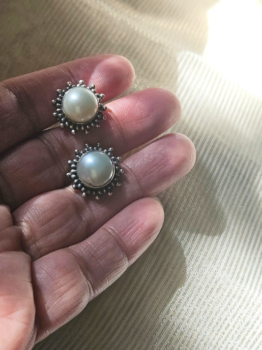 Suraj Moti Freshwater Pearl Stud Earrings | 925 Hallmarked Sterling Silver Sunburst Studs
