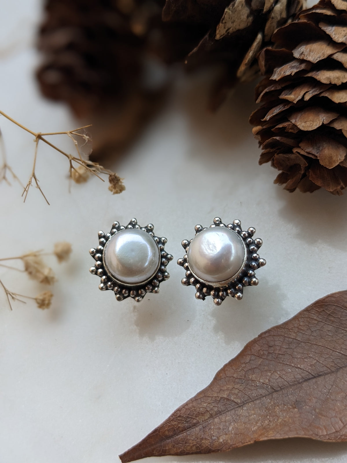 Suraj Moti Freshwater Pearl Stud Earrings | 925 Hallmarked Sterling Silver Sunburst Studs