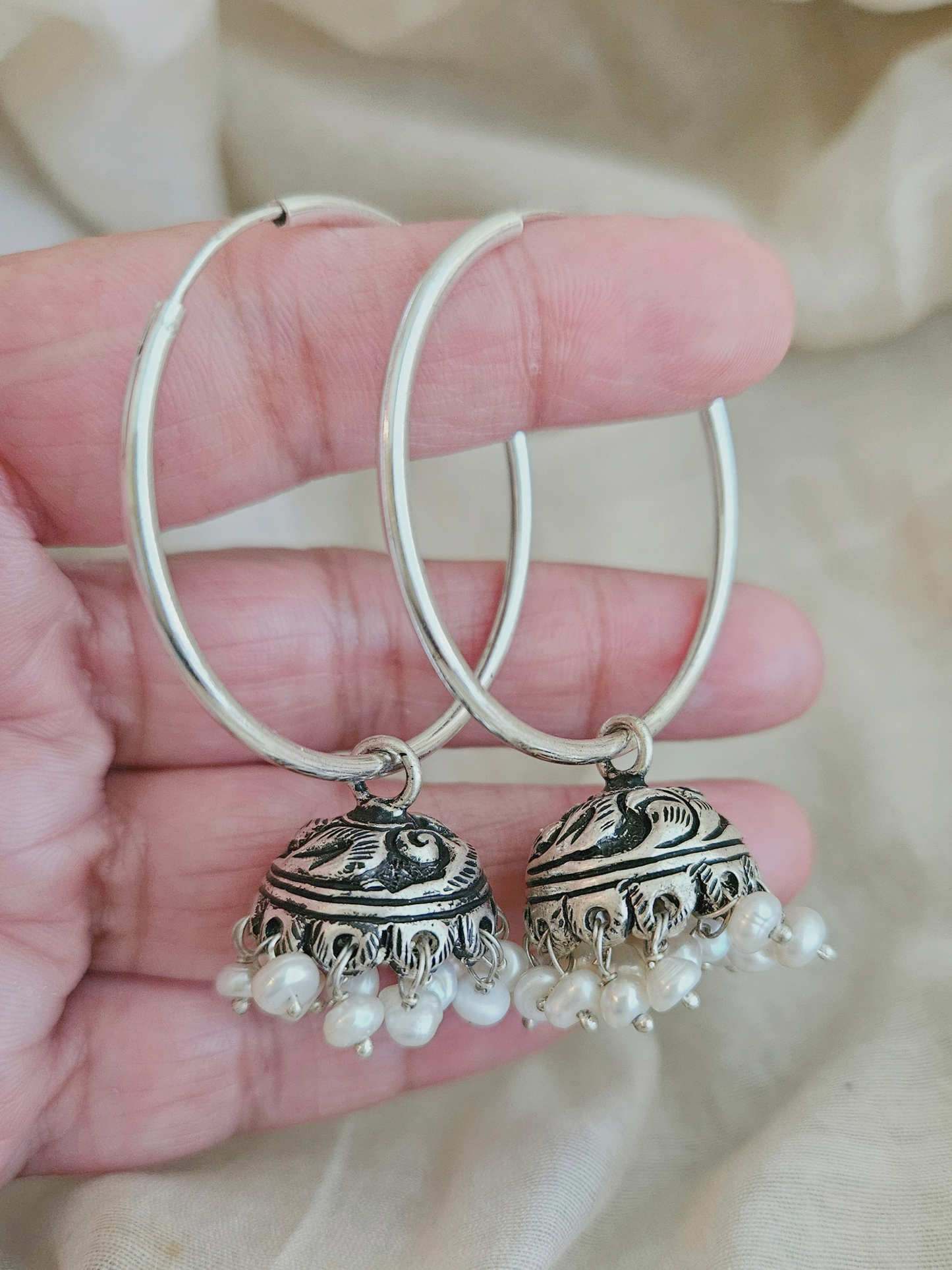 Chitai work sterling silver jhumka hoop earring