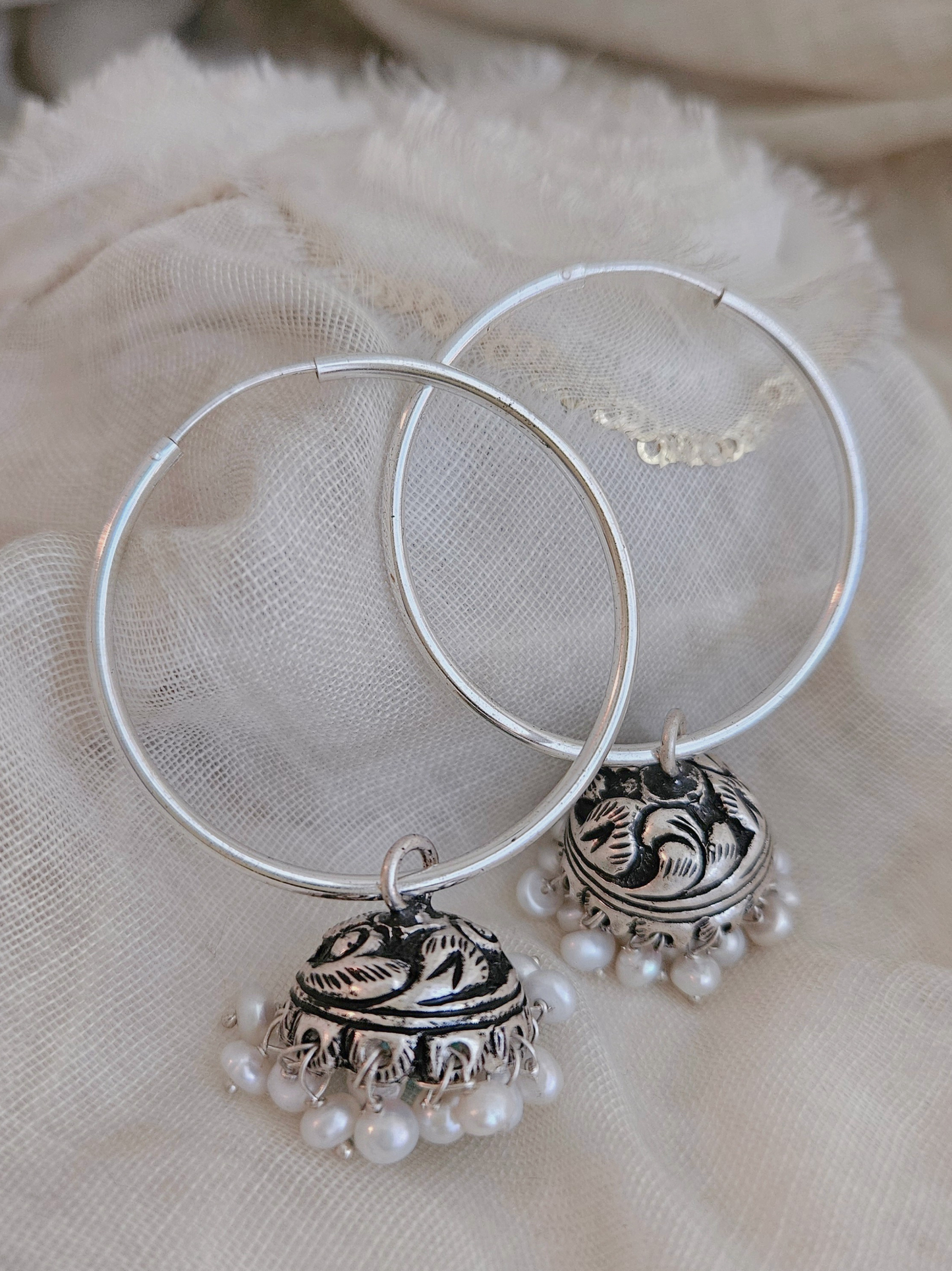 Chitai work sterling silver jhumka hoop earring