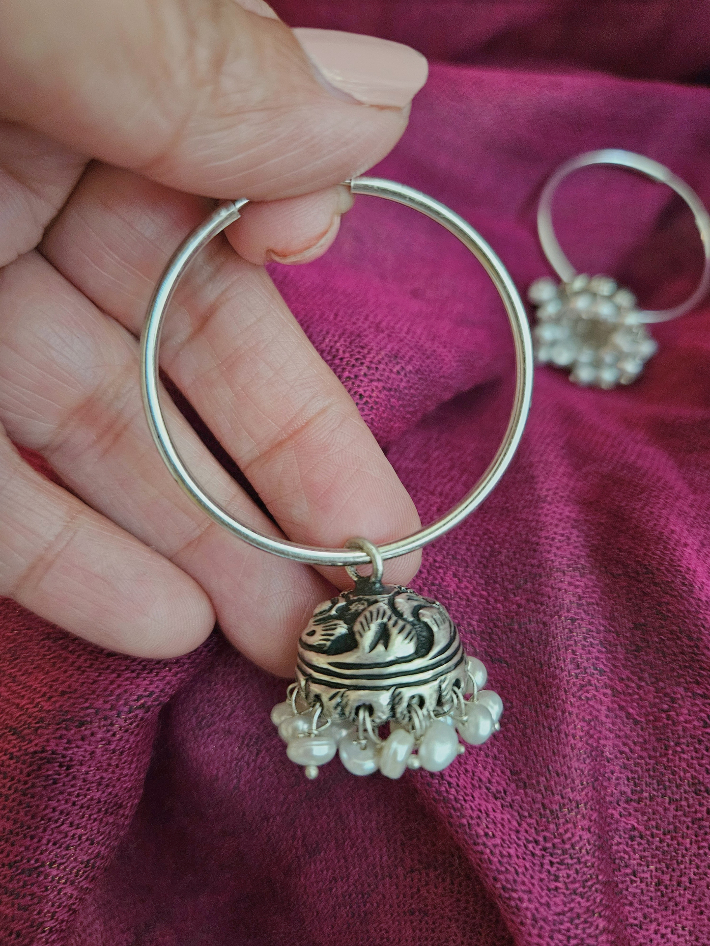 Chitai work sterling silver jhumka hoop earring