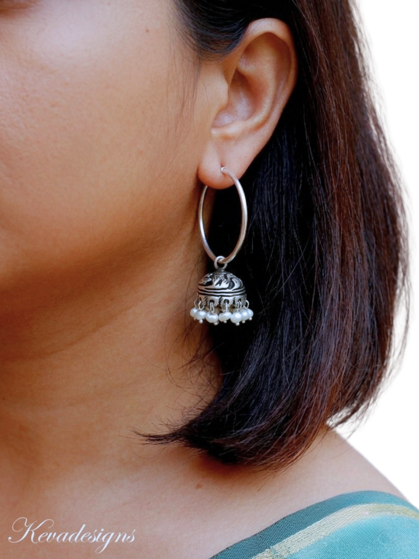 Chitai work sterling silver jhumka hoop earring