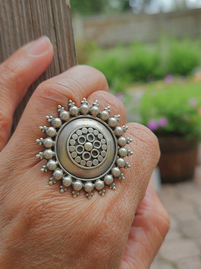 Surya Sterling Silver Statement Ring | 925 Jaipur Handcrafted Oxidised Sunburst Ring