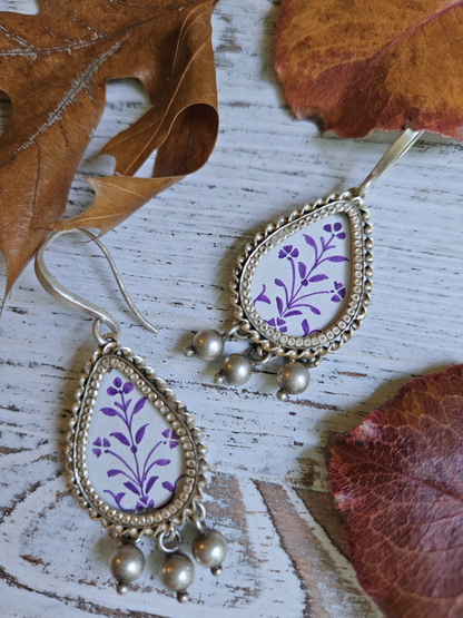 Jamuni Bagh Hand-Painted 925 Sterling Silver Earrings | Purple Mughal Floral Teardrop Danglers