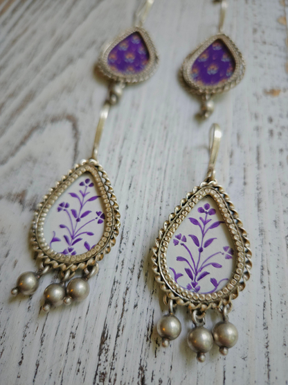 Jamuni Bagh Hand-Painted 925 Sterling Silver Earrings | Purple Mughal Floral Teardrop Danglers