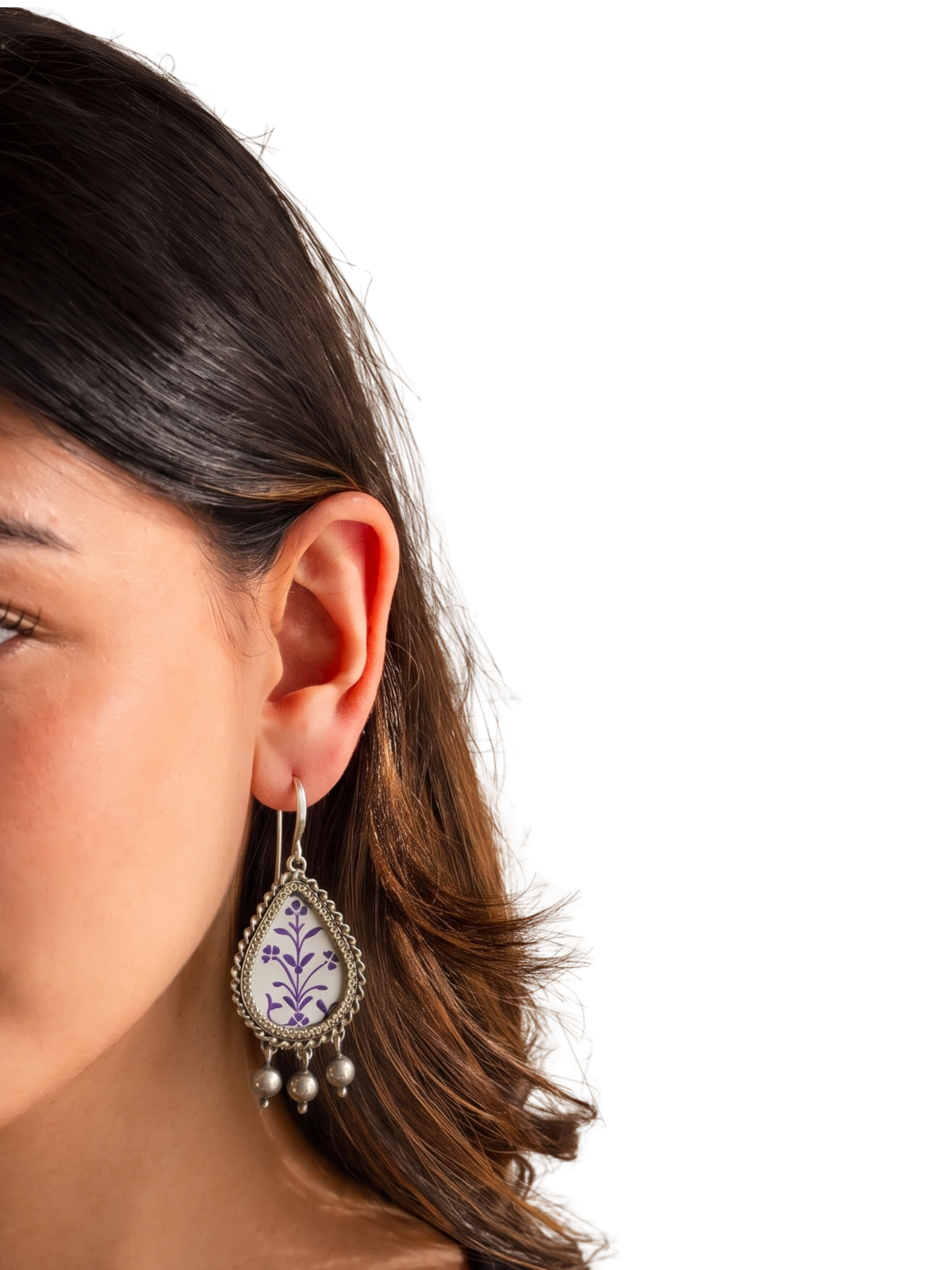 Jamuni Bagh Hand-Painted 925 Sterling Silver Earrings | Purple Mughal Floral Teardrop Danglers