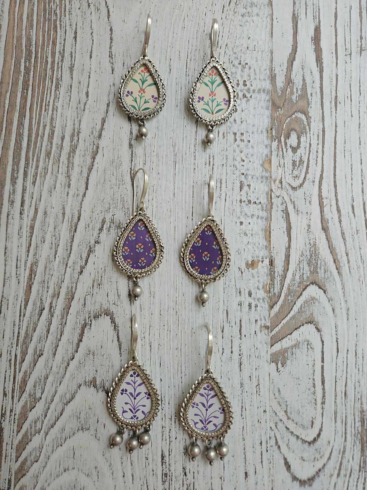 Jamuni Bagh Hand-Painted 925 Sterling Silver Earrings | Purple Mughal Floral Teardrop Danglers
