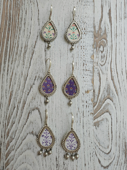 Jamuni Bagh Hand-Painted 925 Sterling Silver Earrings | Purple Mughal Floral Teardrop Danglers