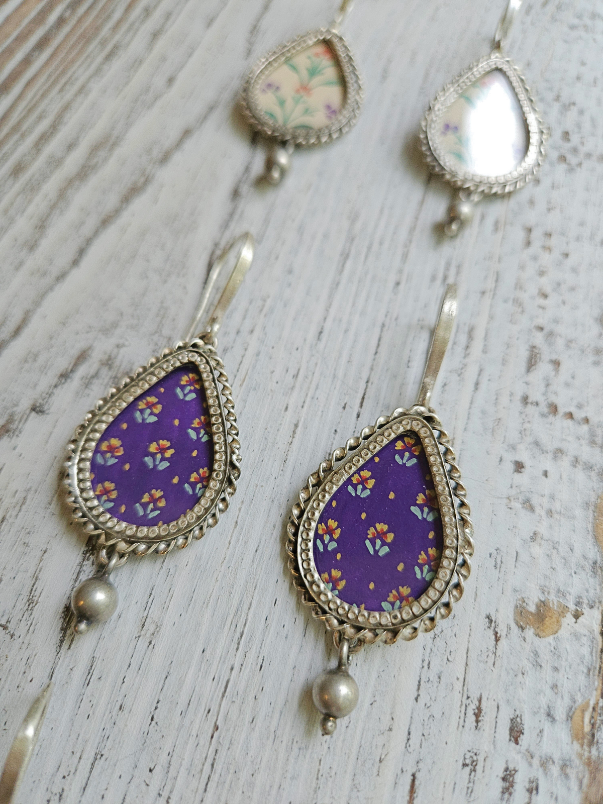 amuni Buti Hand-Painted 925 Sterling Silver Earrings | Purple Floral Teardrop Danglers