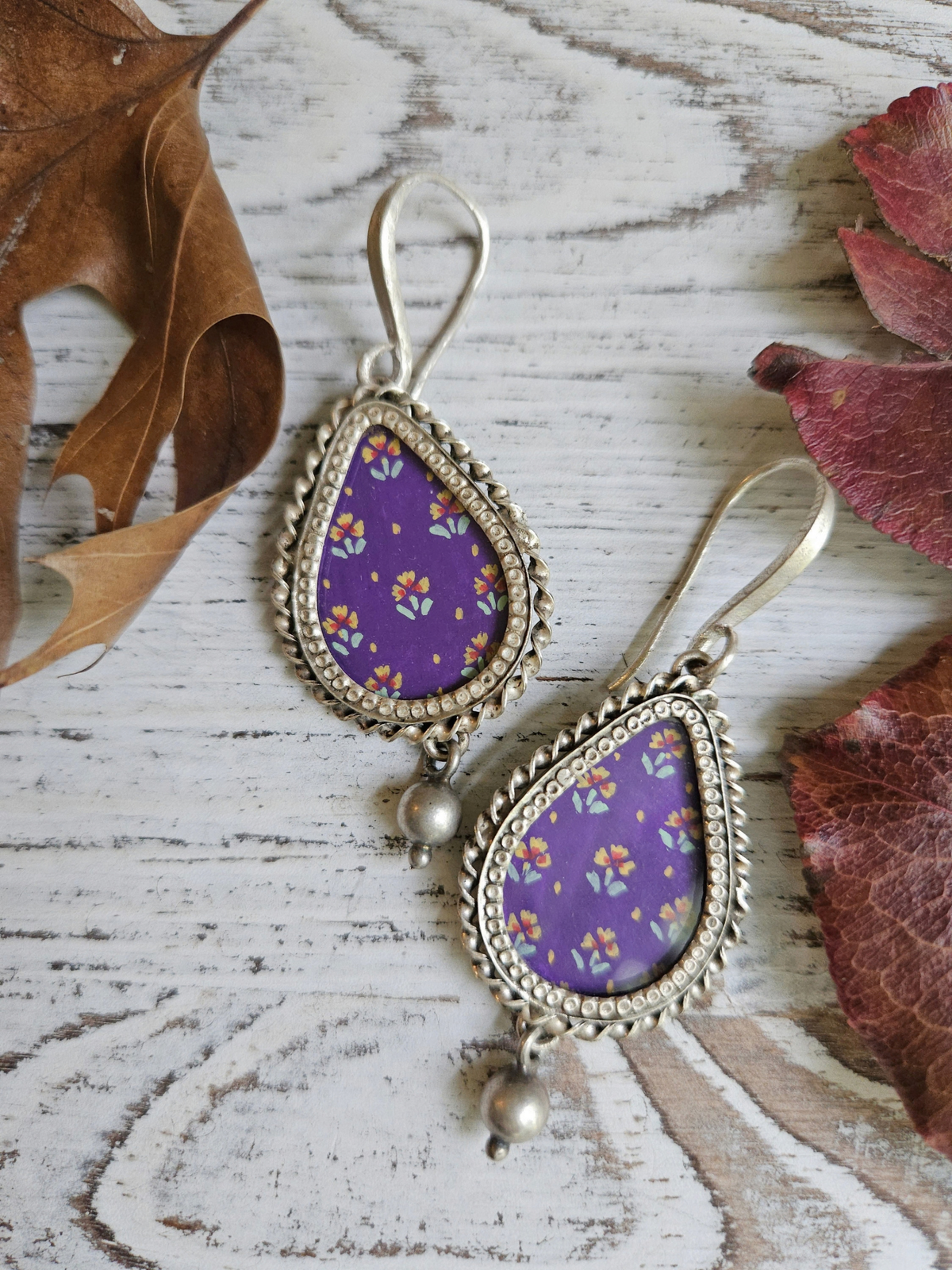 amuni Buti Hand-Painted 925 Sterling Silver Earrings | Purple Floral Teardrop Danglers