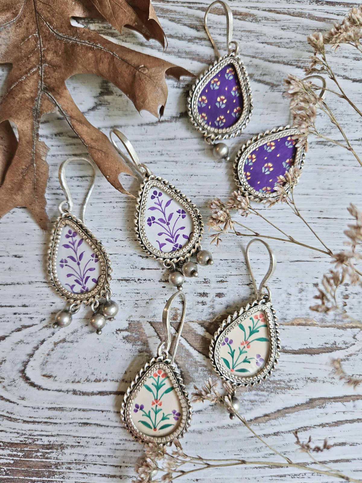 Phulwari Hand-Painted 925 Sterling Silver Earrings | Multicolour Mughal Floral Teardrop Danglers
