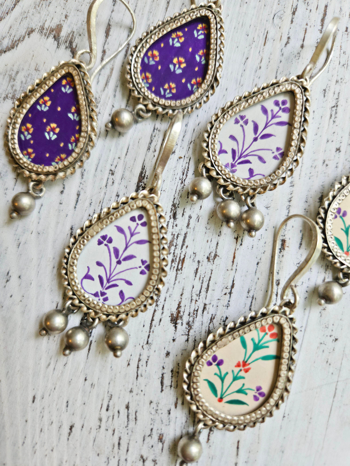 Phulwari Hand-Painted 925 Sterling Silver Earrings | Multicolour Mughal Floral Teardrop Danglers