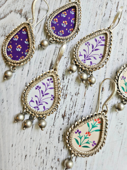 Phulwari Hand-Painted 925 Sterling Silver Earrings | Multicolour Mughal Floral Teardrop Danglers