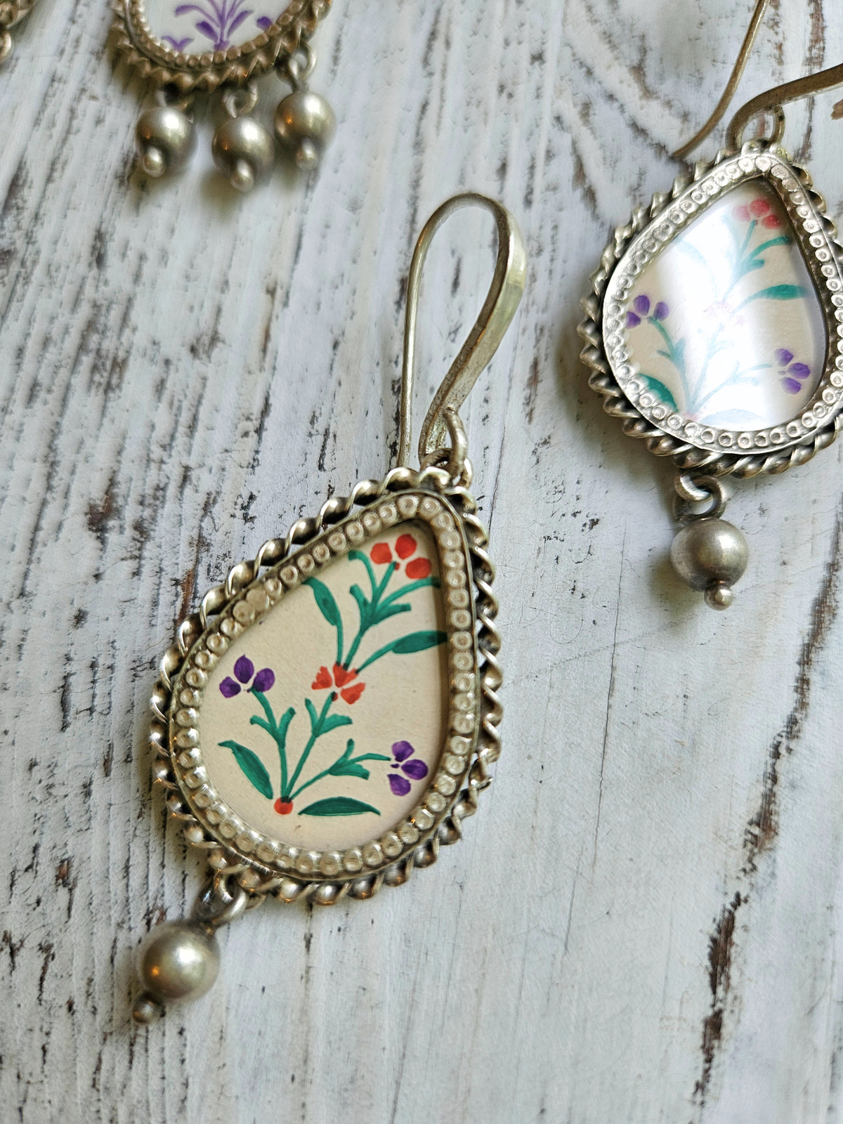 Phulwari Hand-Painted 925 Sterling Silver Earrings | Multicolour Mughal Floral Teardrop Danglers