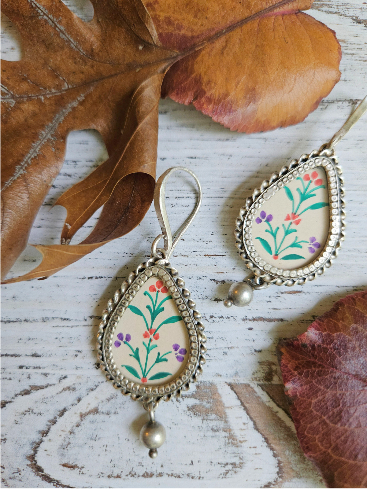 Phulwari Hand-Painted 925 Sterling Silver Earrings | Multicolour Mughal Floral Teardrop Danglers
