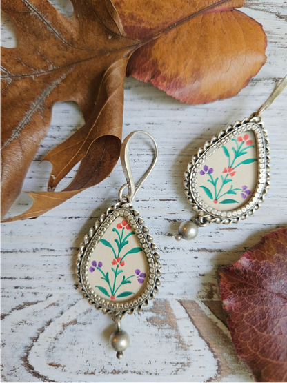 Phulwari Hand-Painted 925 Sterling Silver Earrings | Multicolour Mughal Floral Teardrop Danglers