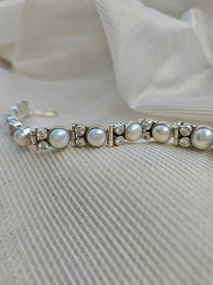 Moti Pearl & Cubic Zirconia 925 Sterling Silver Bracelet | Handmade in Jaipur