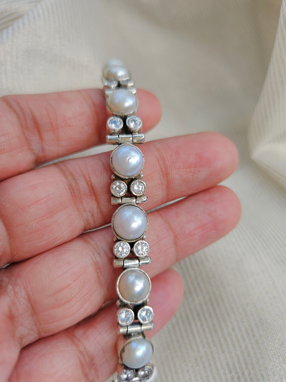 Moti Pearl & Cubic Zirconia 925 Sterling Silver Bracelet | Handmade in Jaipur