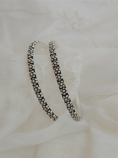 Oxidized Sterling Silver Flower Bangle – Textured 925 Silver Floral Bracelet