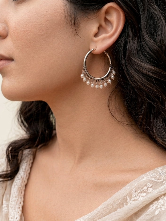 925 Sterling Silver classic Pearl Hoop, Indian Silver Hoop earring