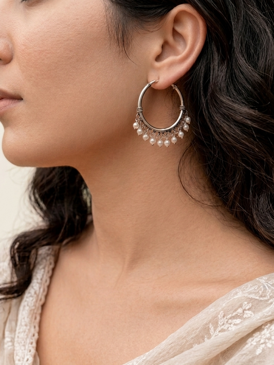 925 Sterling Silver classic Pearl Hoop, Indian Silver Hoop earring