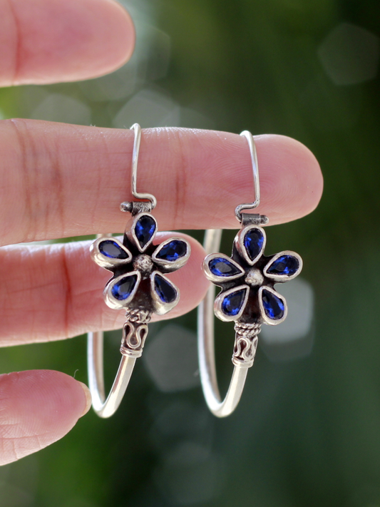 Suman -  925 Sterling Silver blue floral hoop earring