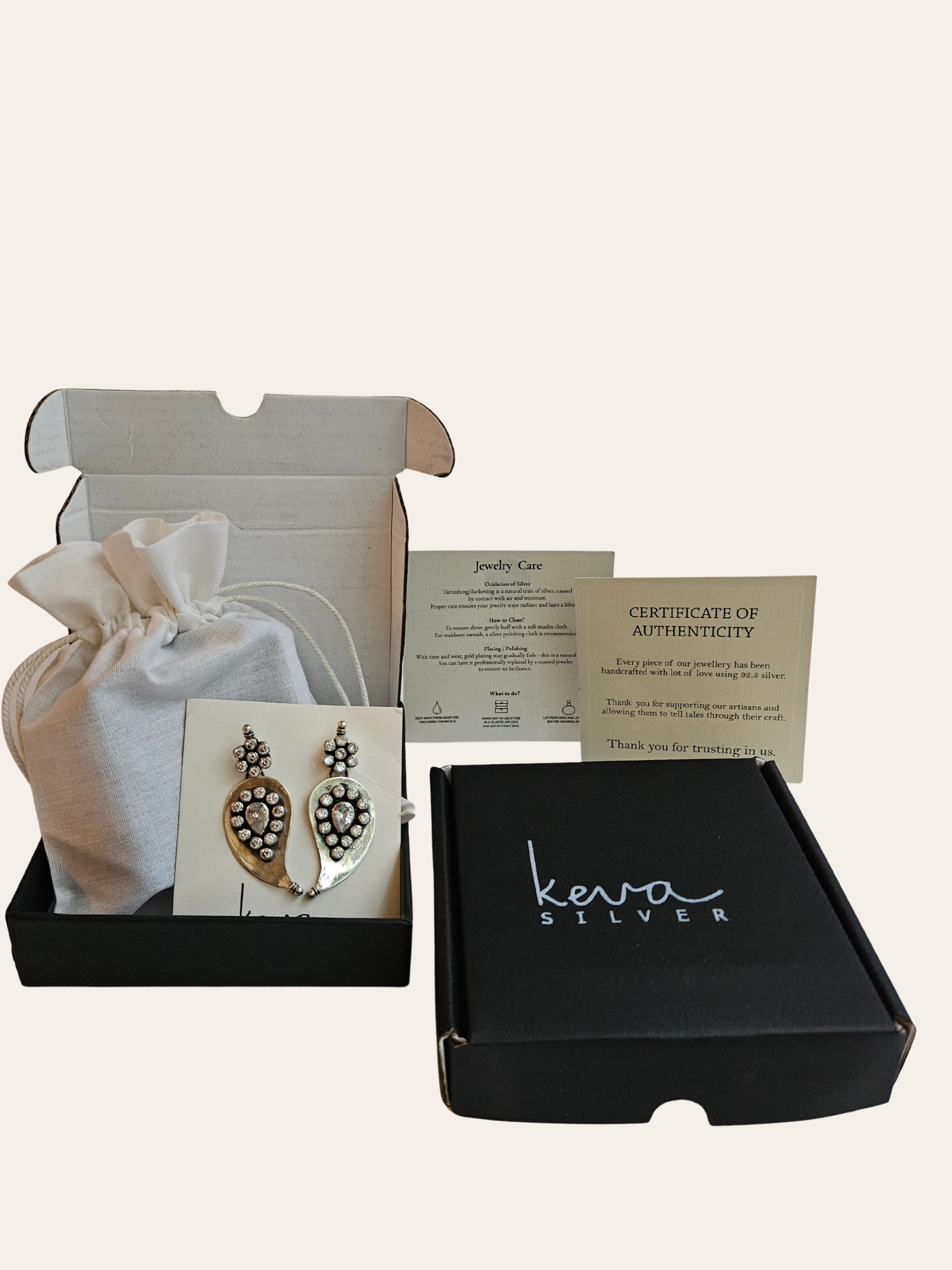 925 sterling silver jewelry gift-ready packaging with Keva Silver box, cotton pouch, and certificate of authenticity.