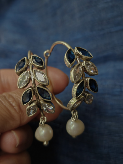 Tarang - 925 Sterling Silver leafy Hoop earring with Cubic Zirconia and pearl.