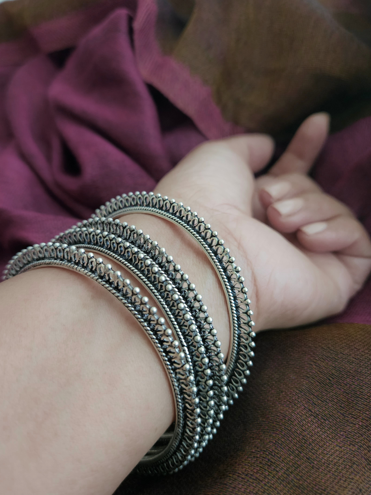 Jaipur-Style Oxidized Silver Bangles – Heirloom Bead & Rope Set