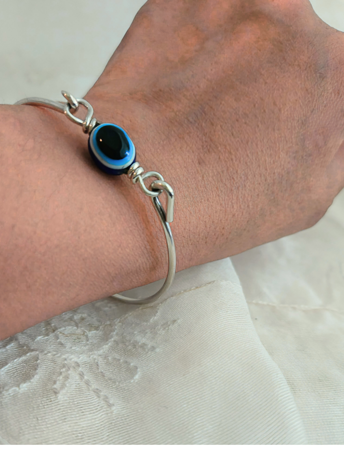 Evil Eye Bangle Bracelet – 925 Sterling Silver Hook Clasp Bangle with Blue Glass Nazar Bead