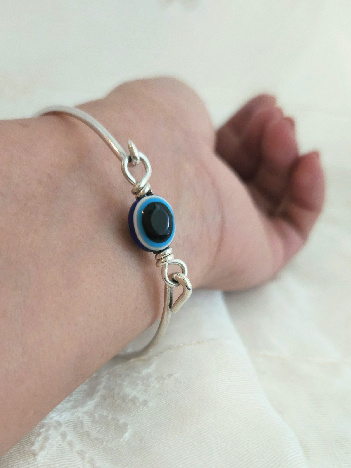 Evil Eye Bangle Bracelet – 925 Sterling Silver Hook Clasp Bangle with Blue Glass Nazar Bead