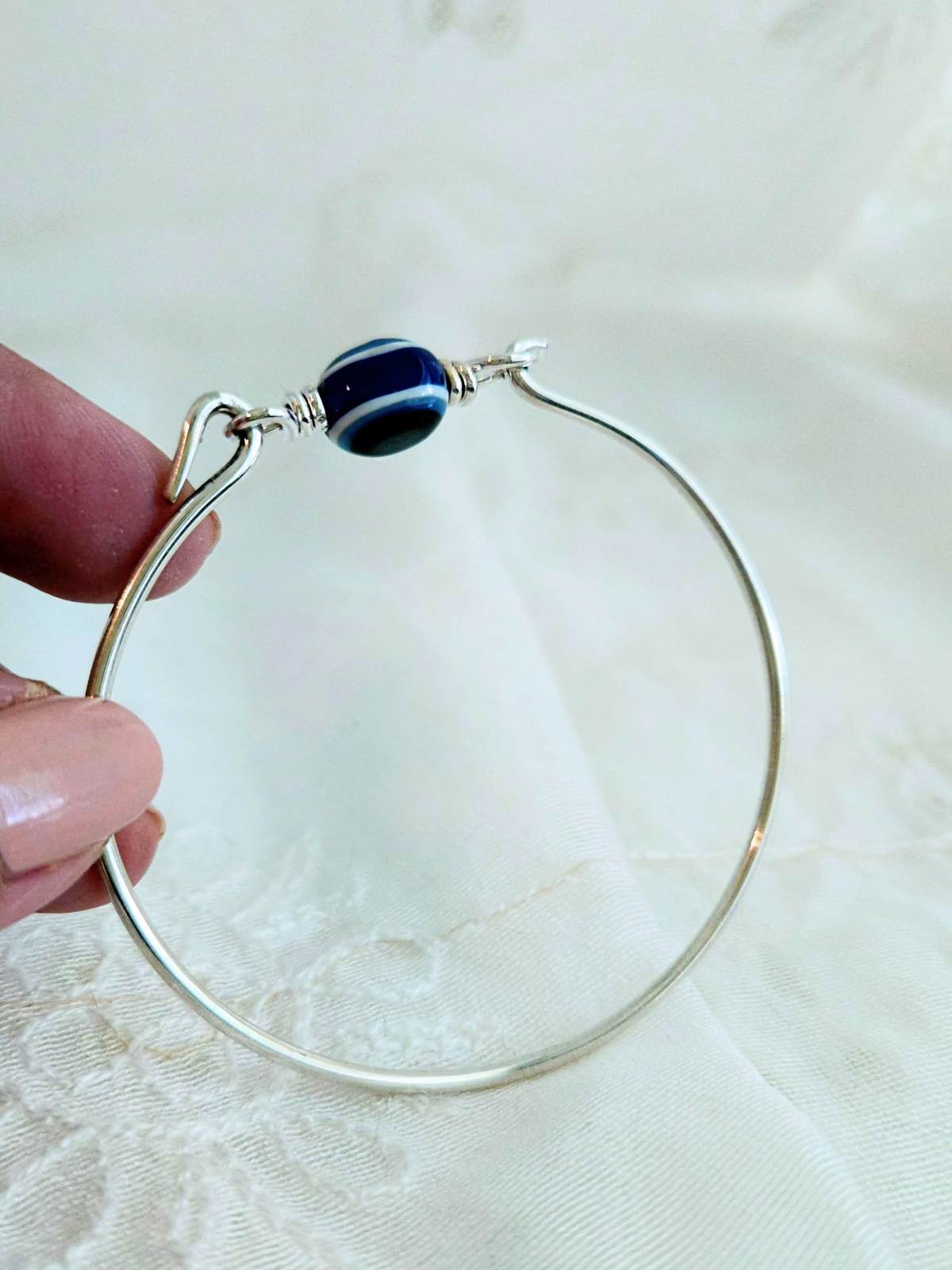 Evil Eye Bangle Bracelet – 925 Sterling Silver Hook Clasp Bangle with Blue Glass Nazar Bead